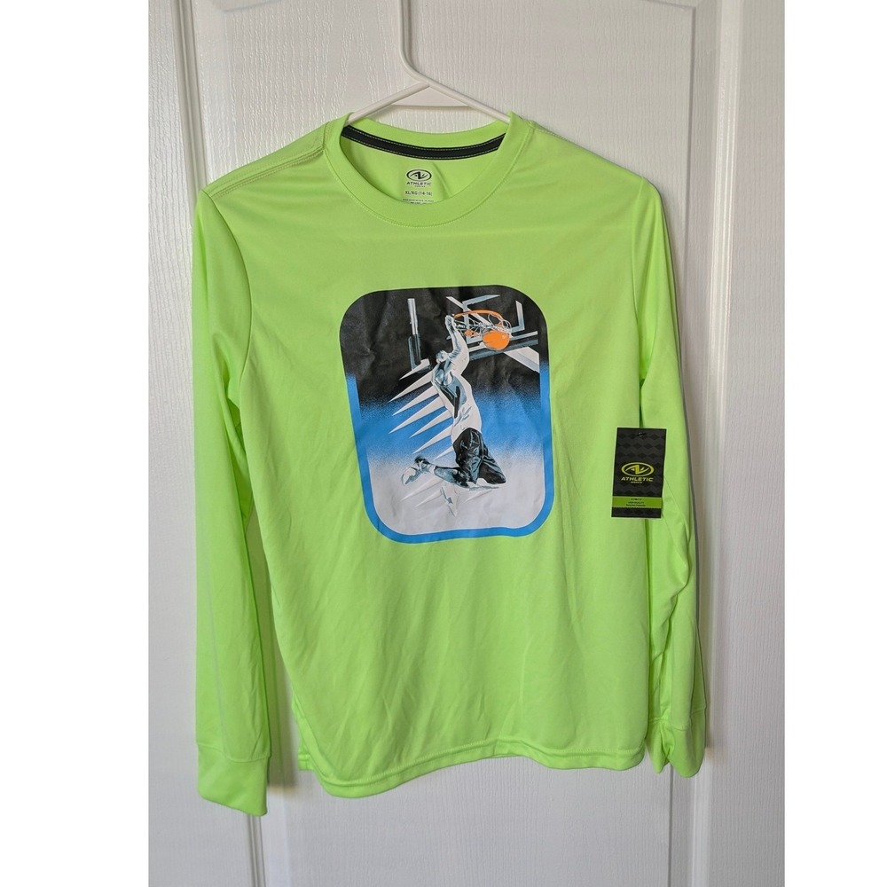 Athletic Works Boys Lime Green Basketball Graphic Long Sleeve Shirt XL 14-16 - Picture 1 of 8